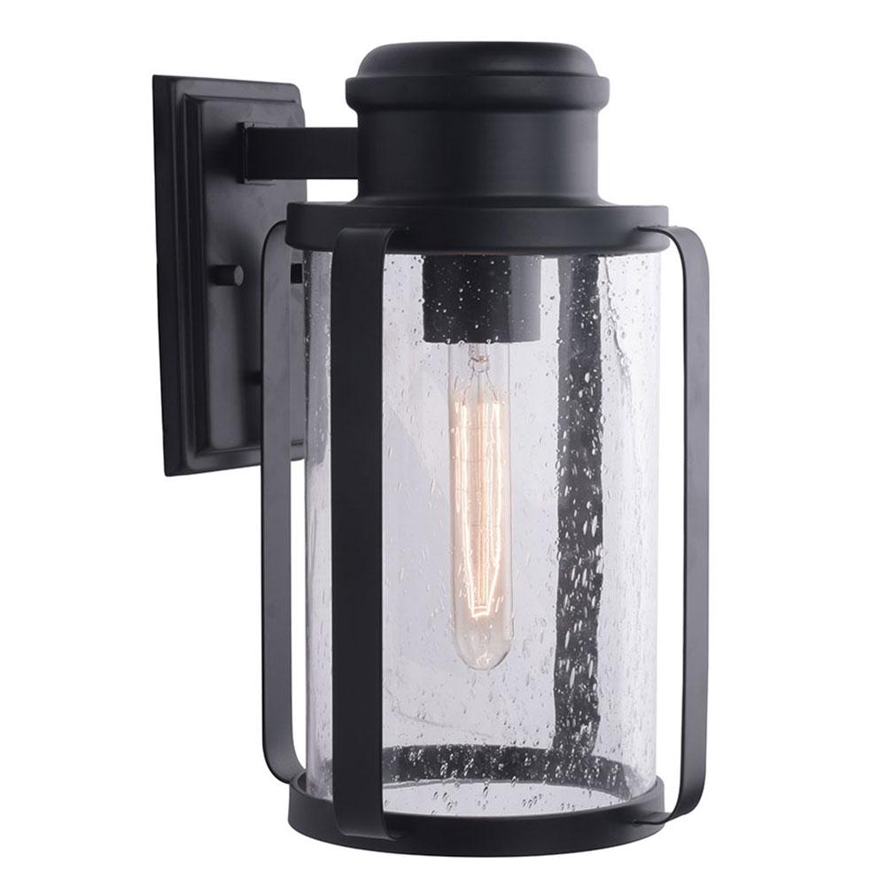 1x60W Outdoor Wall Light w/ Black Finish and Clear Seedy Glass