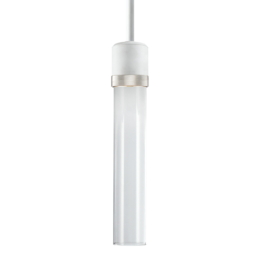 3" LED 3CCT Cylindrical Pendant Light, 12" Clear Glass and Matte White with Nickel Finish