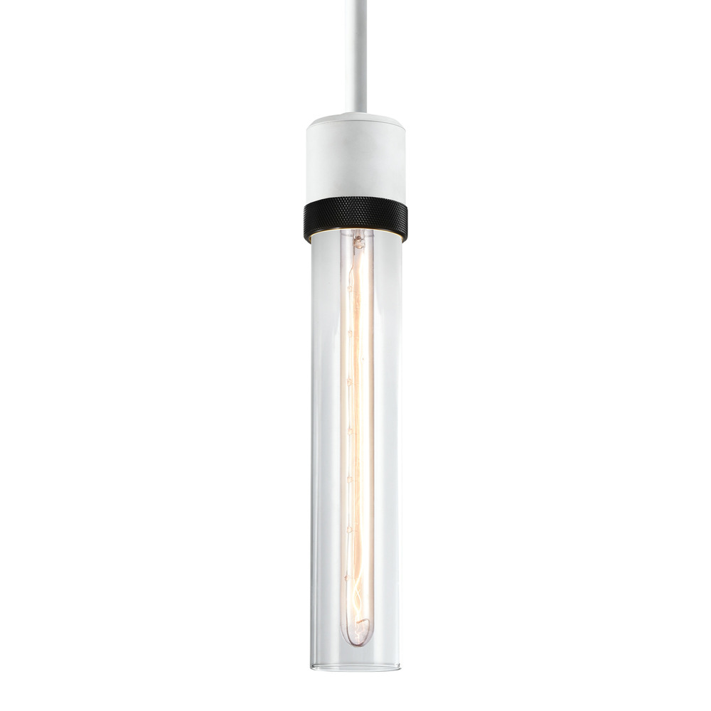 3" E26 Cylindrical Pendant Light, 12" Clear Glass and Matte White with Black Finish