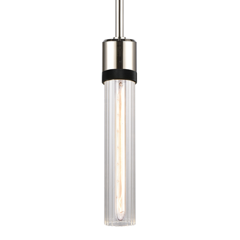 3" E26 Cylindrical Pendant Light, 12" Fluted Glass and Polished Nickel with Black Finish