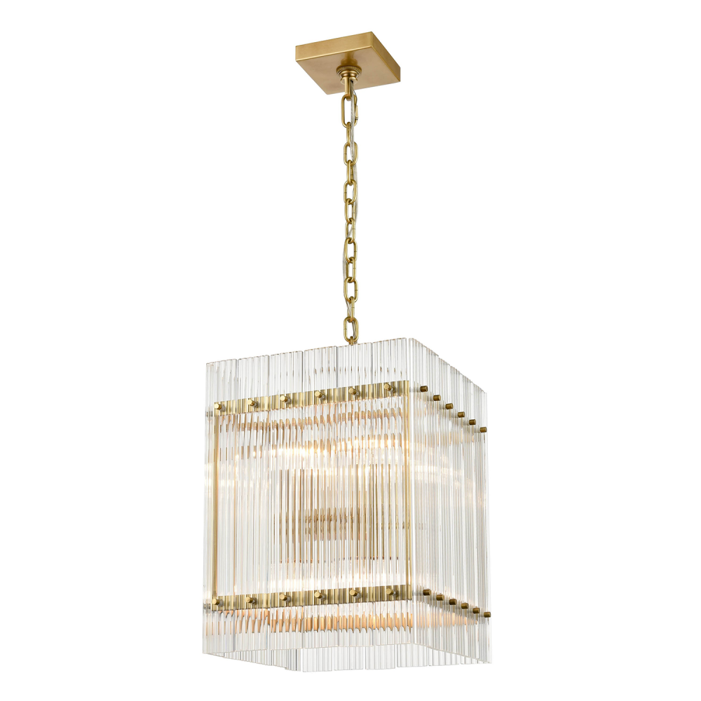 8-Light Fluted Glass Panel Aged Brass Square Pendant Light