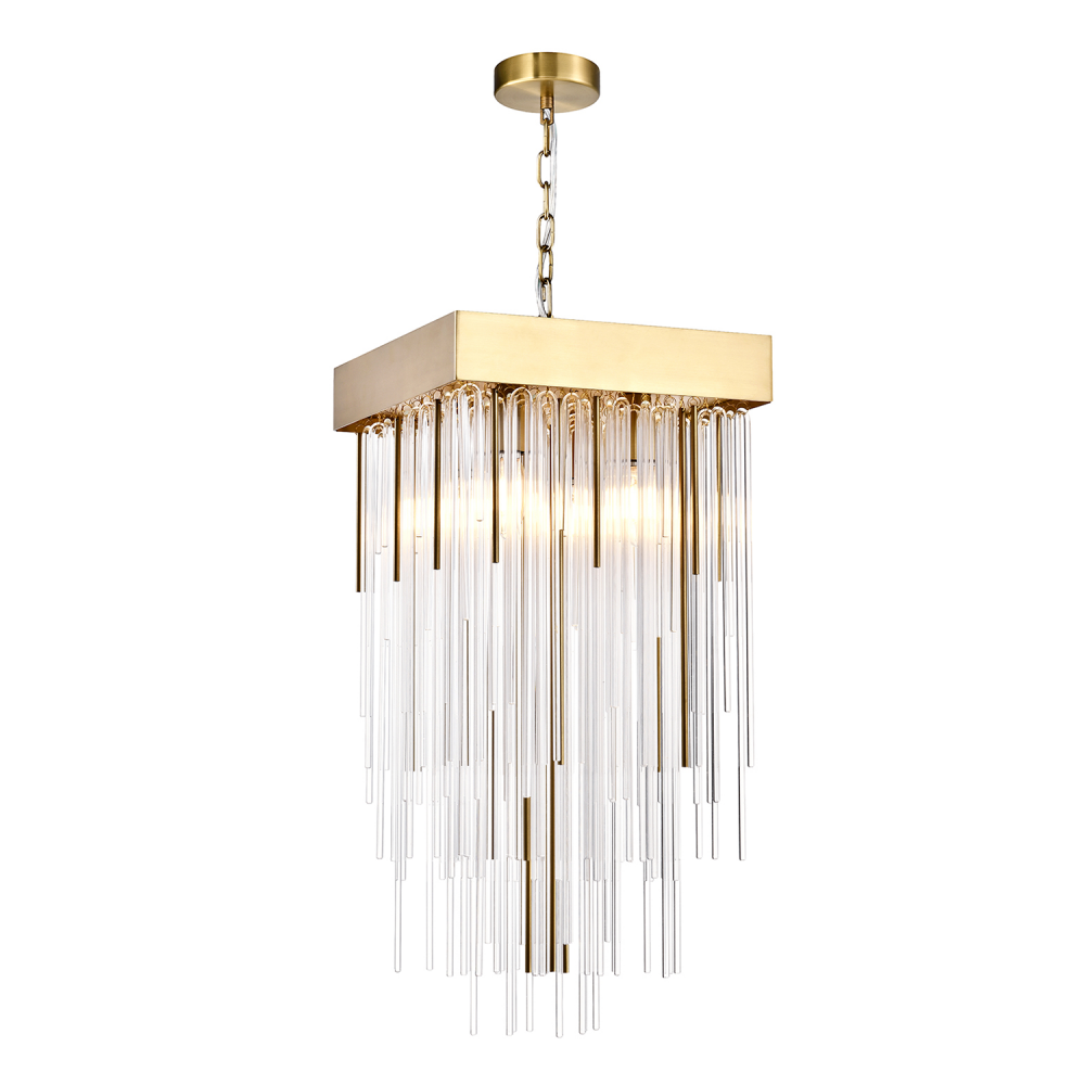 4-Light 12" Square Aged Brass Crystal Pendant Light