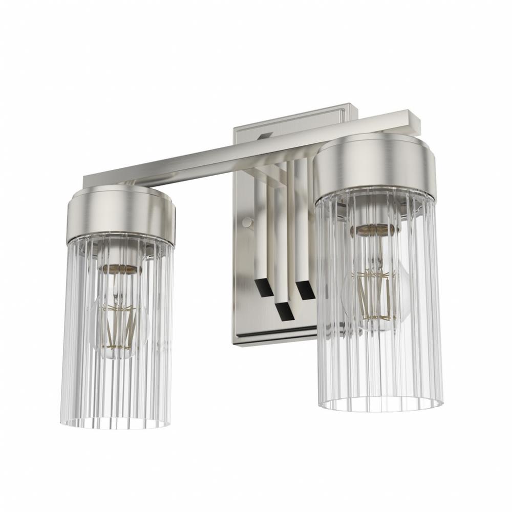 Hunter Gatz Brushed Nickel with Clear Fluted Glass 2 Light Bathroom Vanity Wall Light Fixture