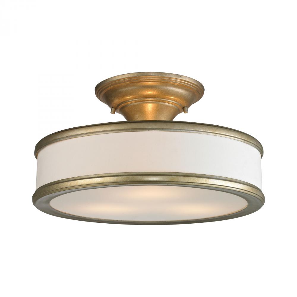 Clarkton 3-Light Semi Flush in Aged Silver with White Fabric Shade